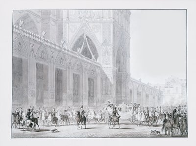 Llegada a la catedral de Notre-Dame, París del Emperador Napoleón I y la Emperatriz Josefina para su coronación el 2 de diciembre de 1804 de Jean Baptiste Isabey